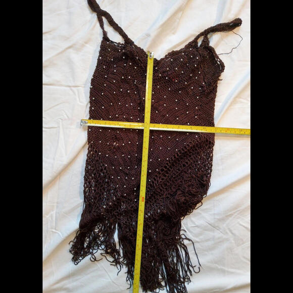 Say What Brown Crotchet Tank Top Fringe Silver Beads Soft Stretch Rayon Large - Picture 5 of 5